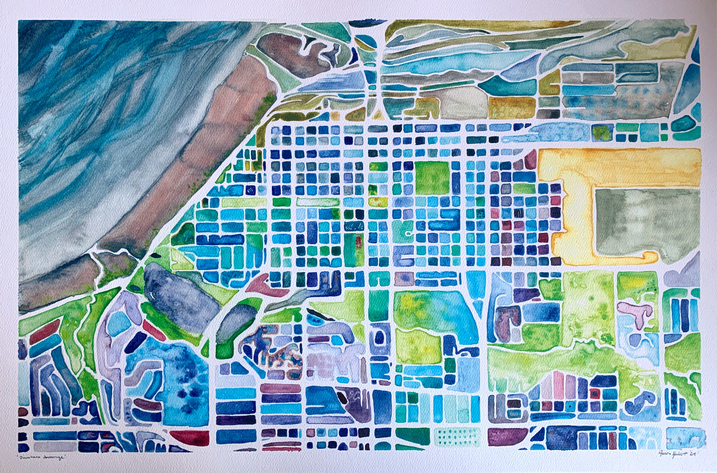 18x12" "Downtown Anchorage" Watercolor Map